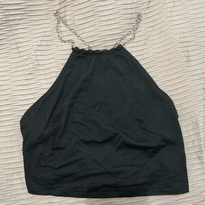 Black chain detail backless crop halter